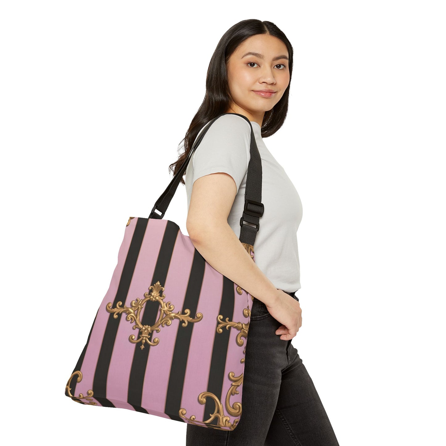 Chic Adjustable Tote Bag, Stylish Crossbody Bag for Daily Use, Elegant Pink Striped Bag - Matte Lavender & Black Striped Gold Baroque