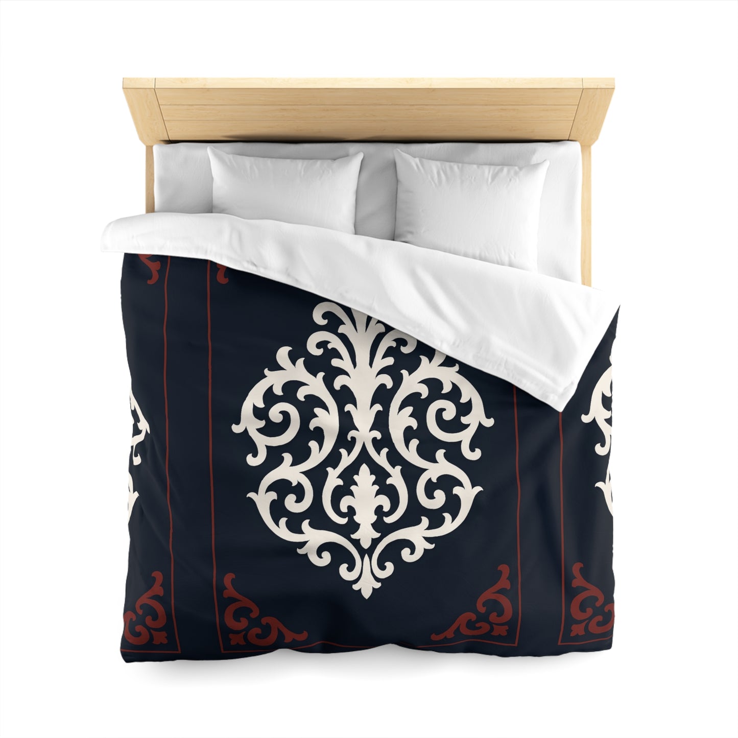 Dusk Blue-Maroon & White Baroque Microfiber Duvet Cover — Dusk Blue & White Decorative Bedding