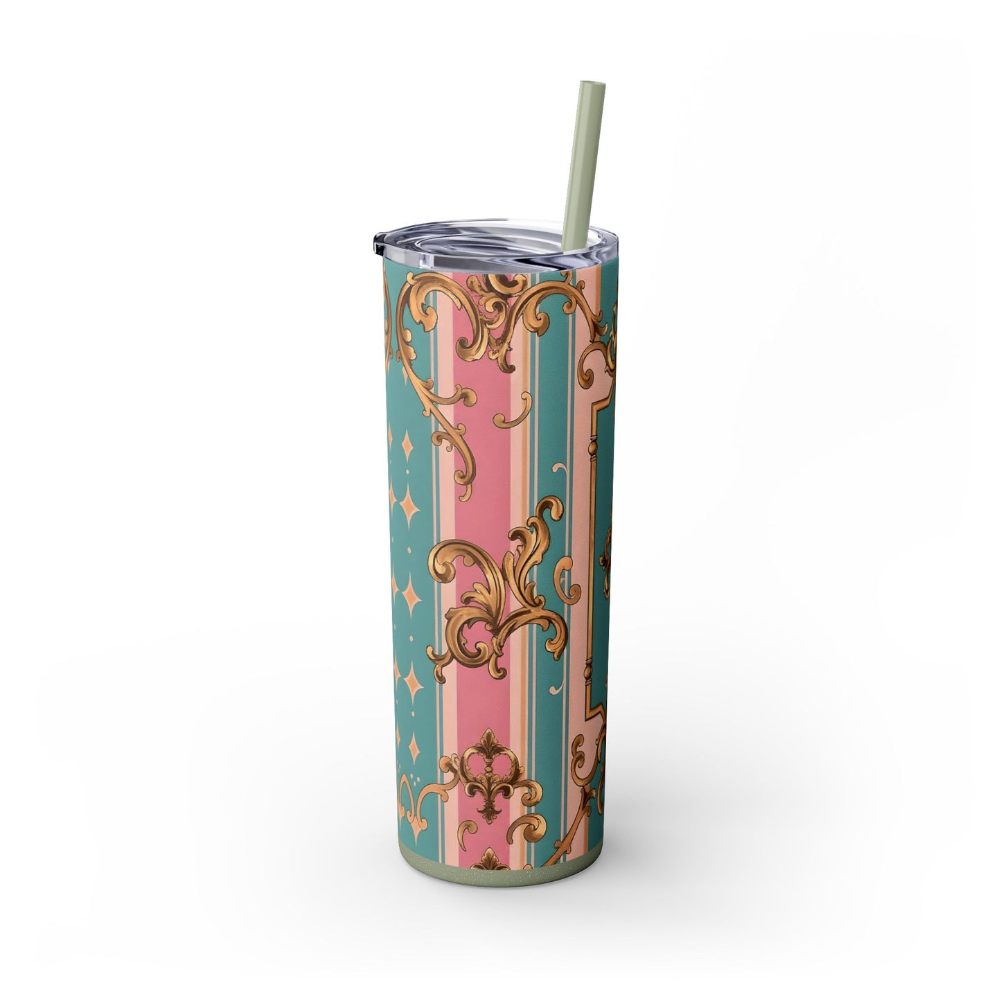 Elegant Floral Skinny Tumbler, 20oz Travel Mug, Stylish Drinkware, Perfect Gift for Her, Vintage Inspired - Pink & Matte Turquoise Striped Rococo