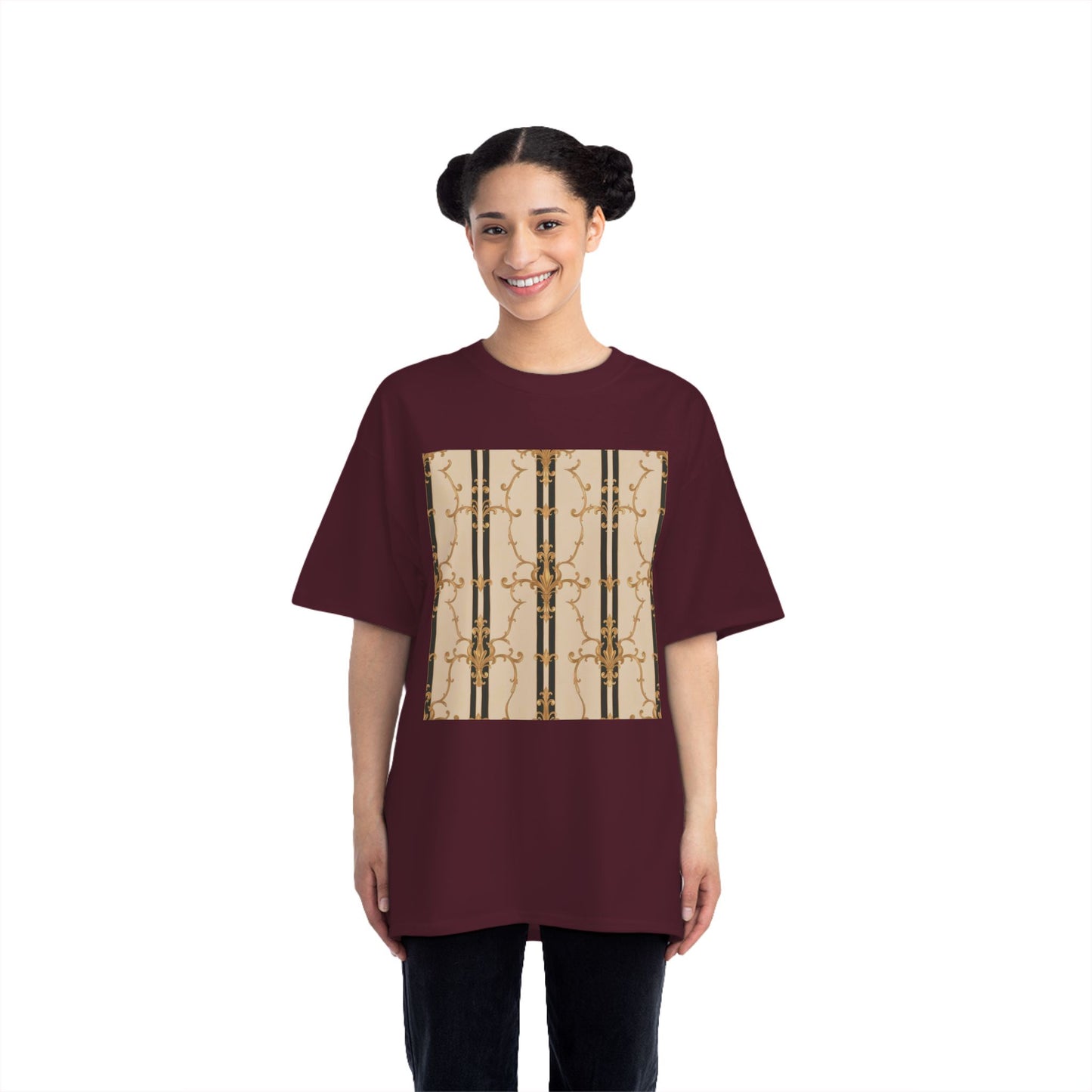 Stylish Graphic Tee for Casual Wear, Fashionable Short-Sleeve Shirt, Unique Summer Top - Black & Beige Striped Damask
