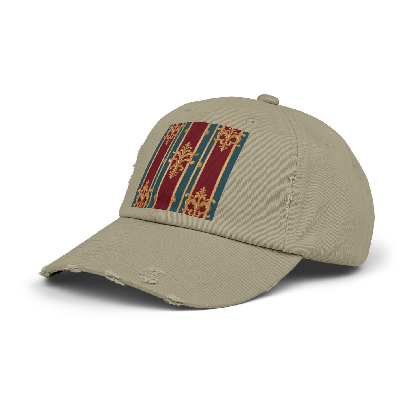 Stylish Unisex Distressed Cap with Vintage Striped Design, Casual Wear, Outdoor Activities, Gift for Him/Her - Burgundy Striped Gold Baroque