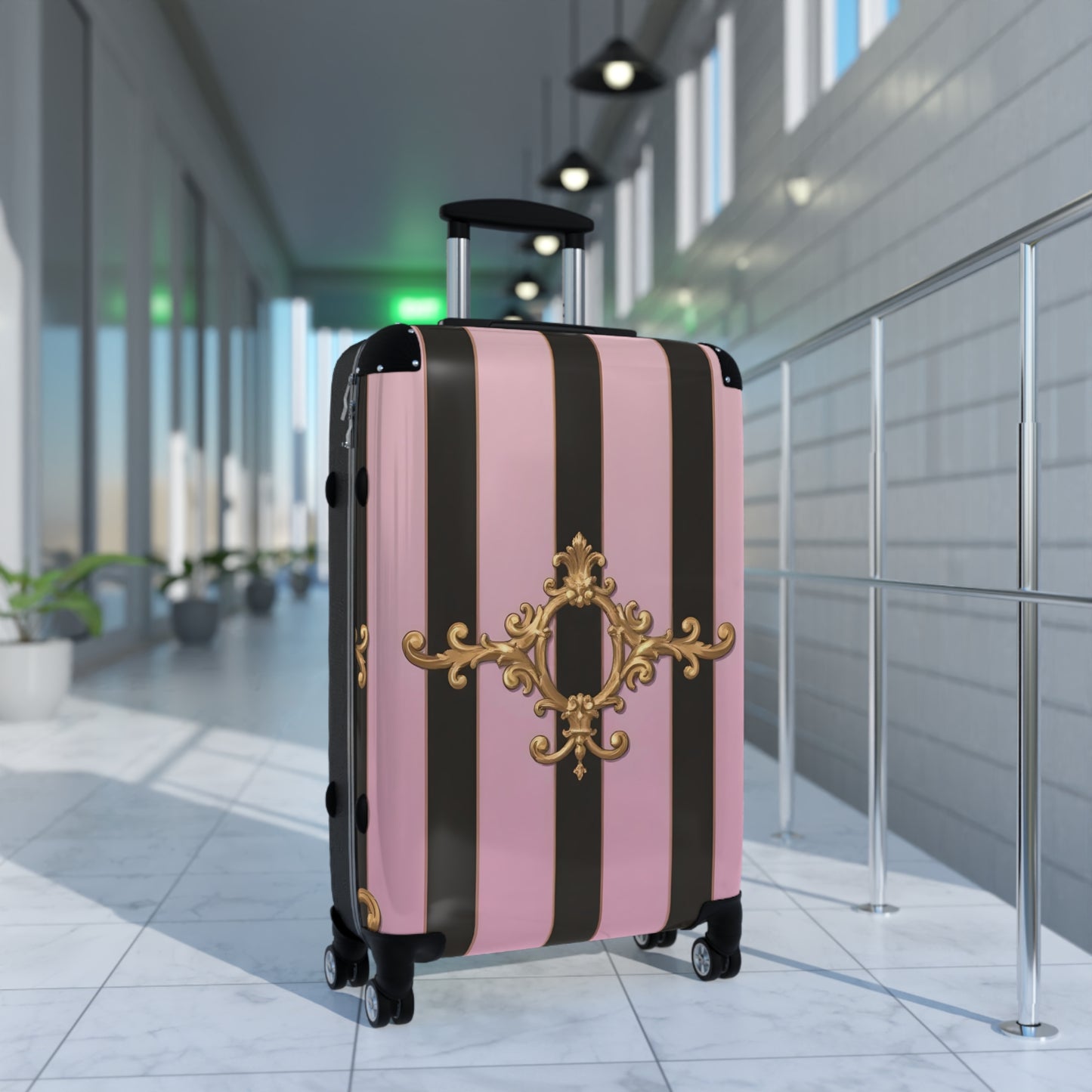 Chic Travel Suitcase with Stripes and Elegant Design, Stylish Luggage, Travel Gear - Matte Lavender & Black Striped Gold Baroque
