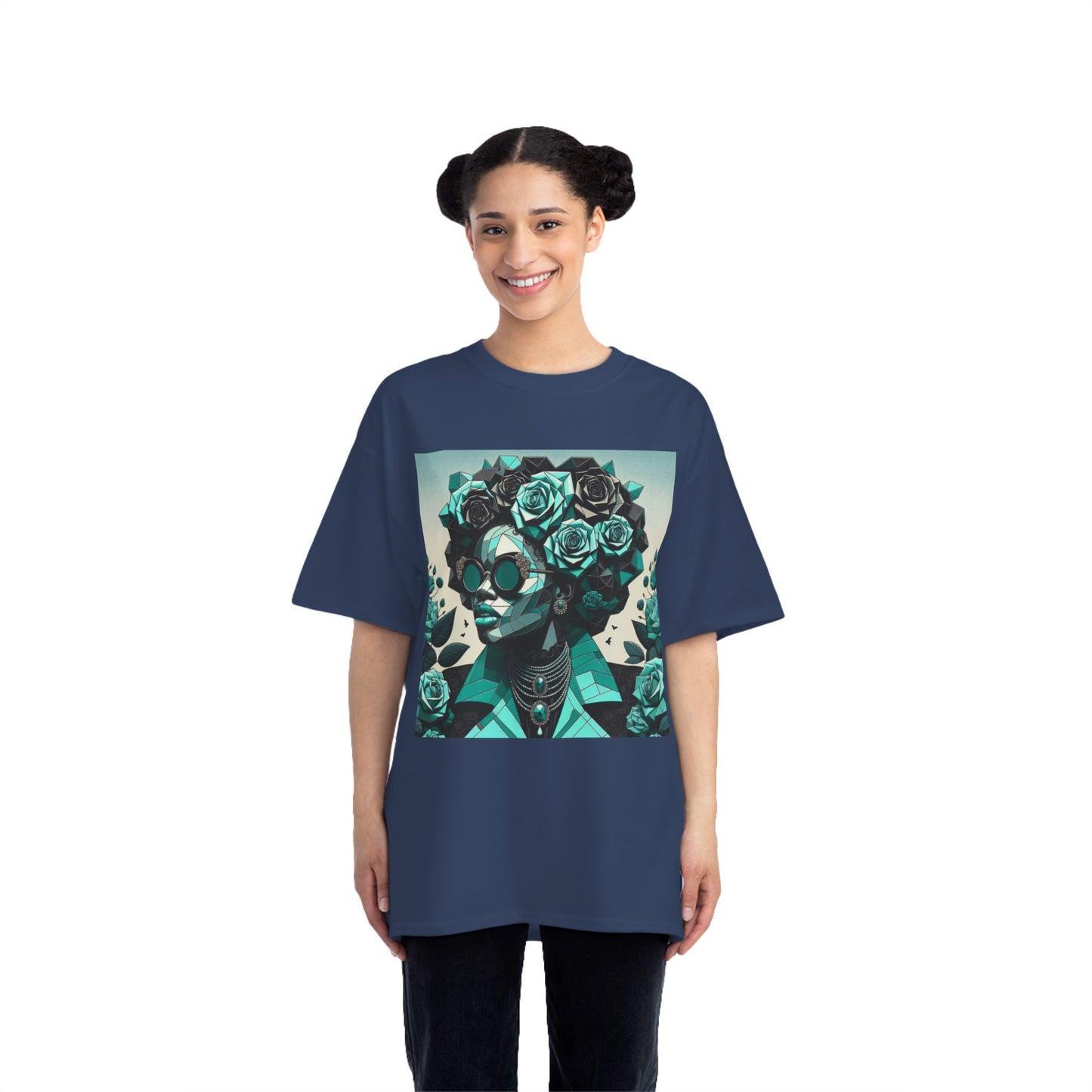 Trendy Floral Graphic Tee | Artistic Short-Sleeve Shirt, Fashionable Summer Top, Chic Gift for Her - Turquoise & Black Roses Lady