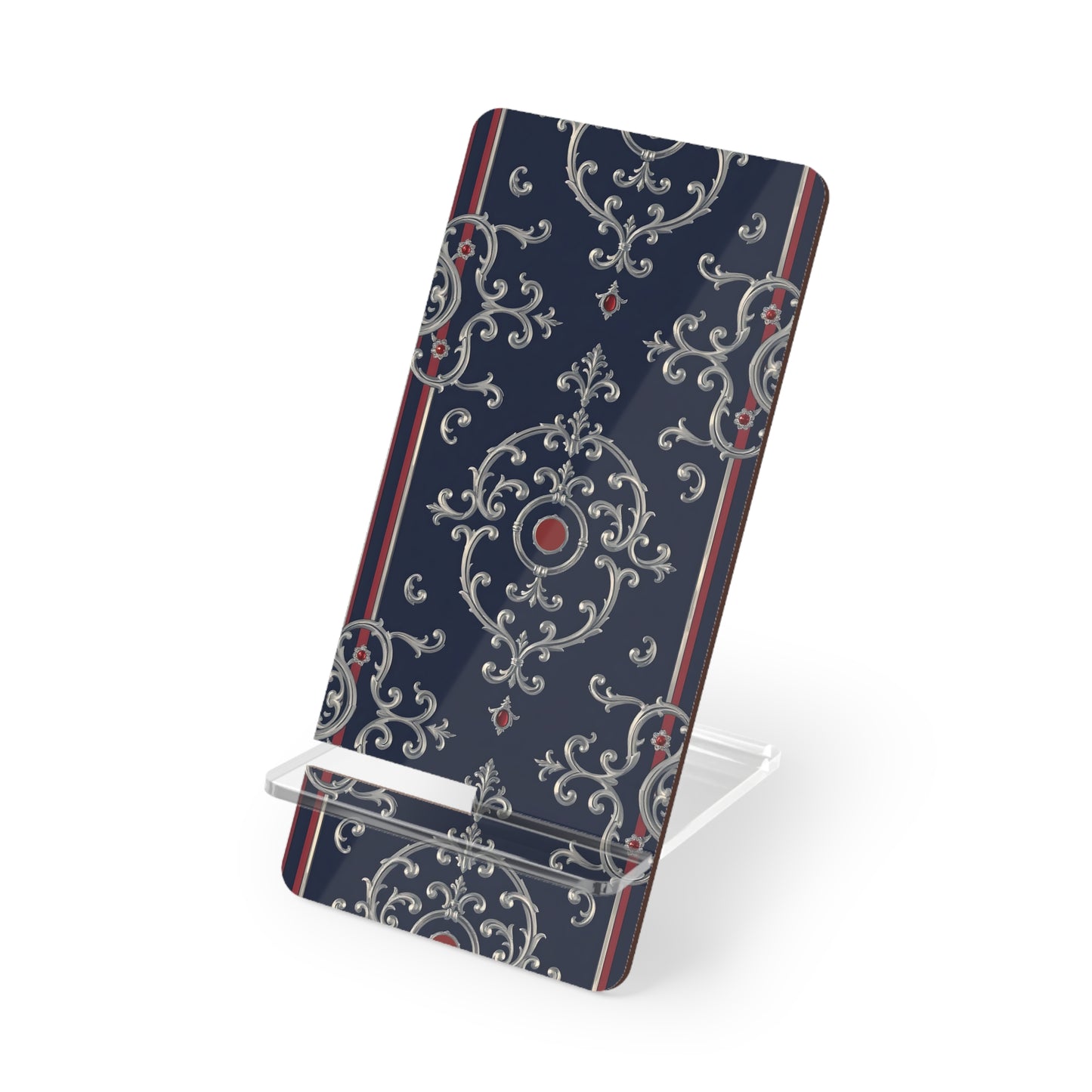 Elegant Smartphone Display Stand | Trendy Desk Organizer, Decorative Phone Holder, Gift for Tech Lovers - Blue & Red Striped Silver Baroque