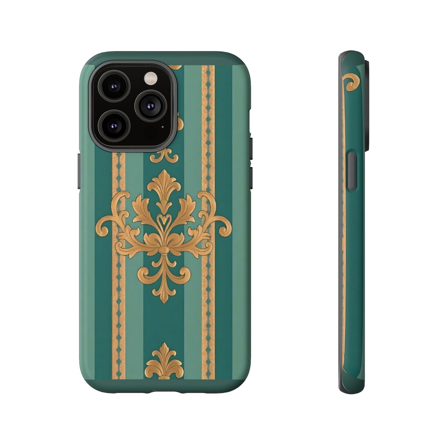 Elegant Floral Motif Phone Case - Tough Cases with Vintage Design - Teal Striped Gold Damask