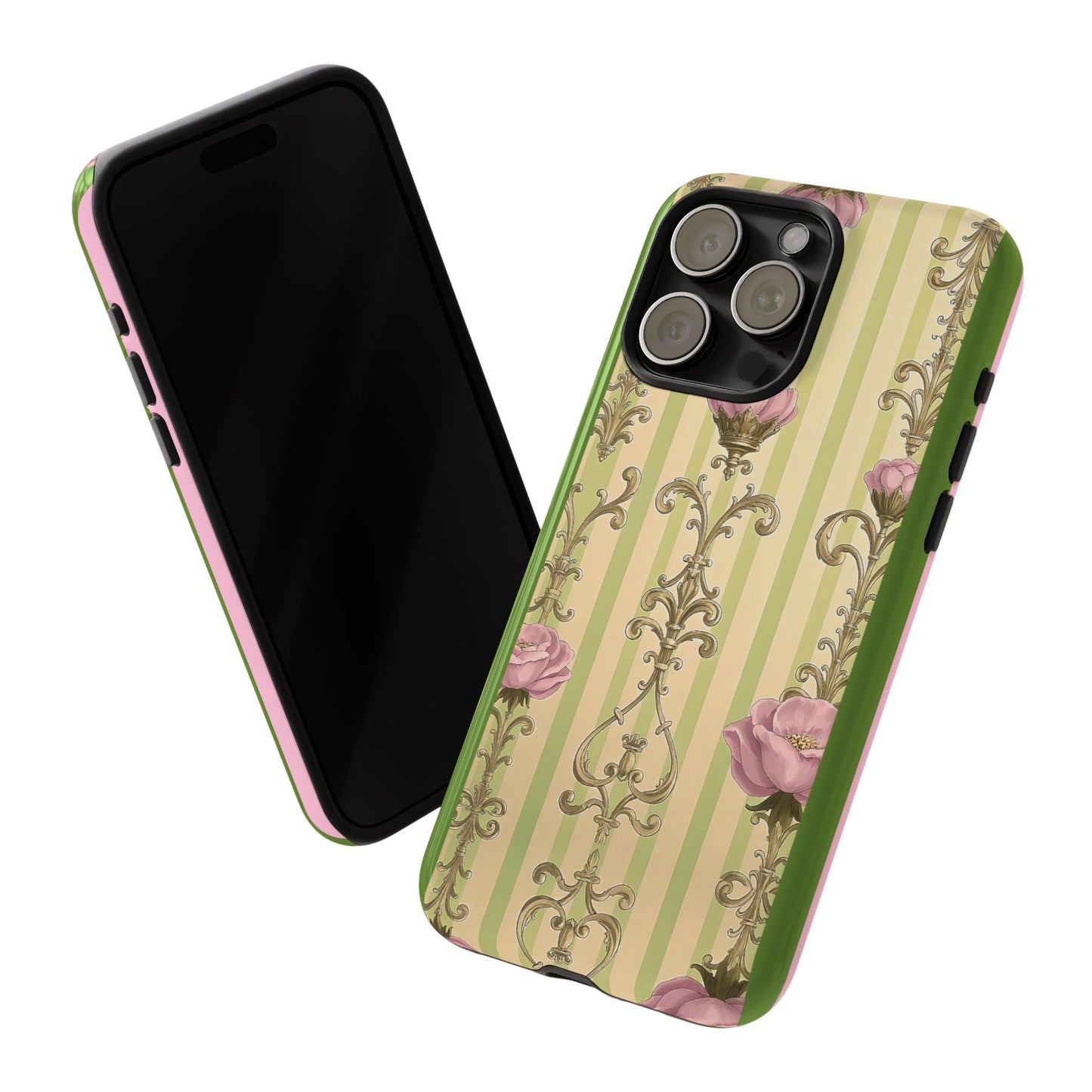 Elegant Floral Motif Phone Case - Tough Cases with Vintage Design - Lime Green & Pink Striped Damask