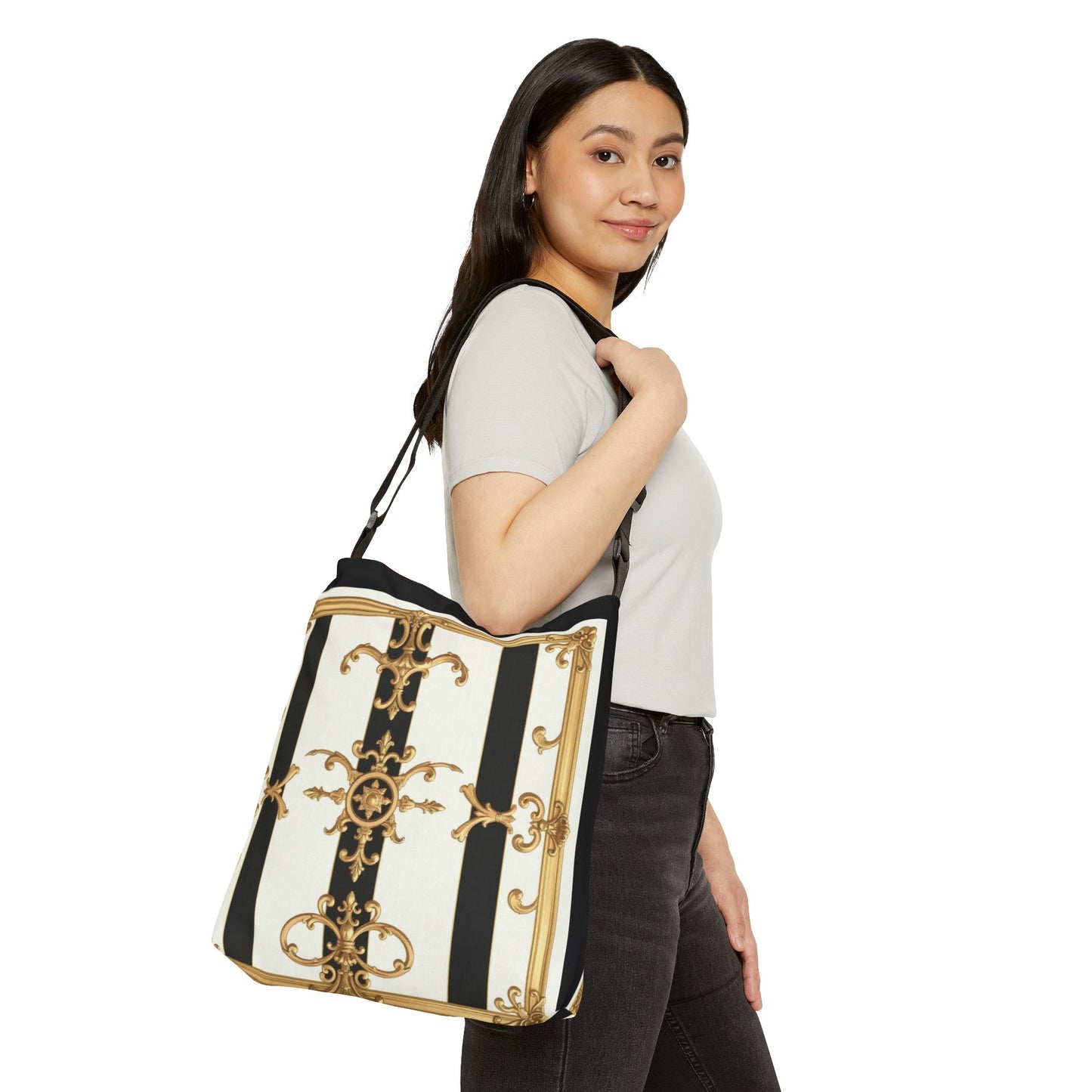 Elegant Vintage-Inspired Adjustable Tote Bag, Fashion Accessories, Daily Use, Gift for Her, Trendy Bag - Black & White Striped Gold Baroque