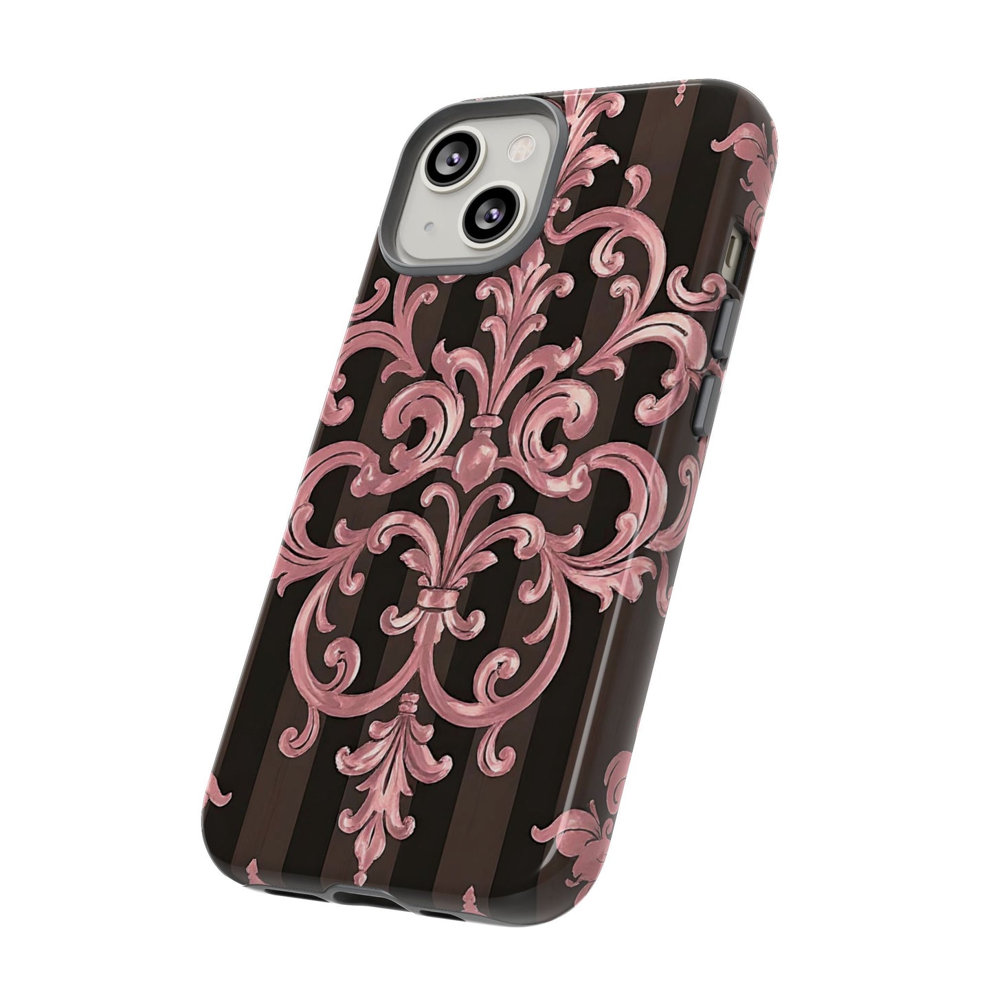 Elegant Floral Motif Phone Case - Tough Cases with Vintage Design - Brown Striped Mauve Damask