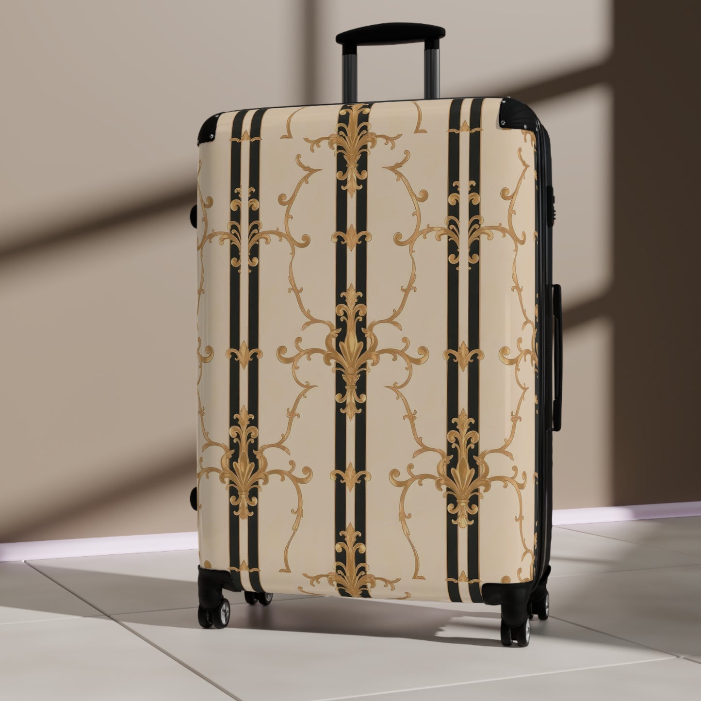 Elegant Travel Suitcase - Stylish Luggage for Adventurers, Travel Enthusiasts, Fashion Design Lovers - Black & Beige Striped Damask