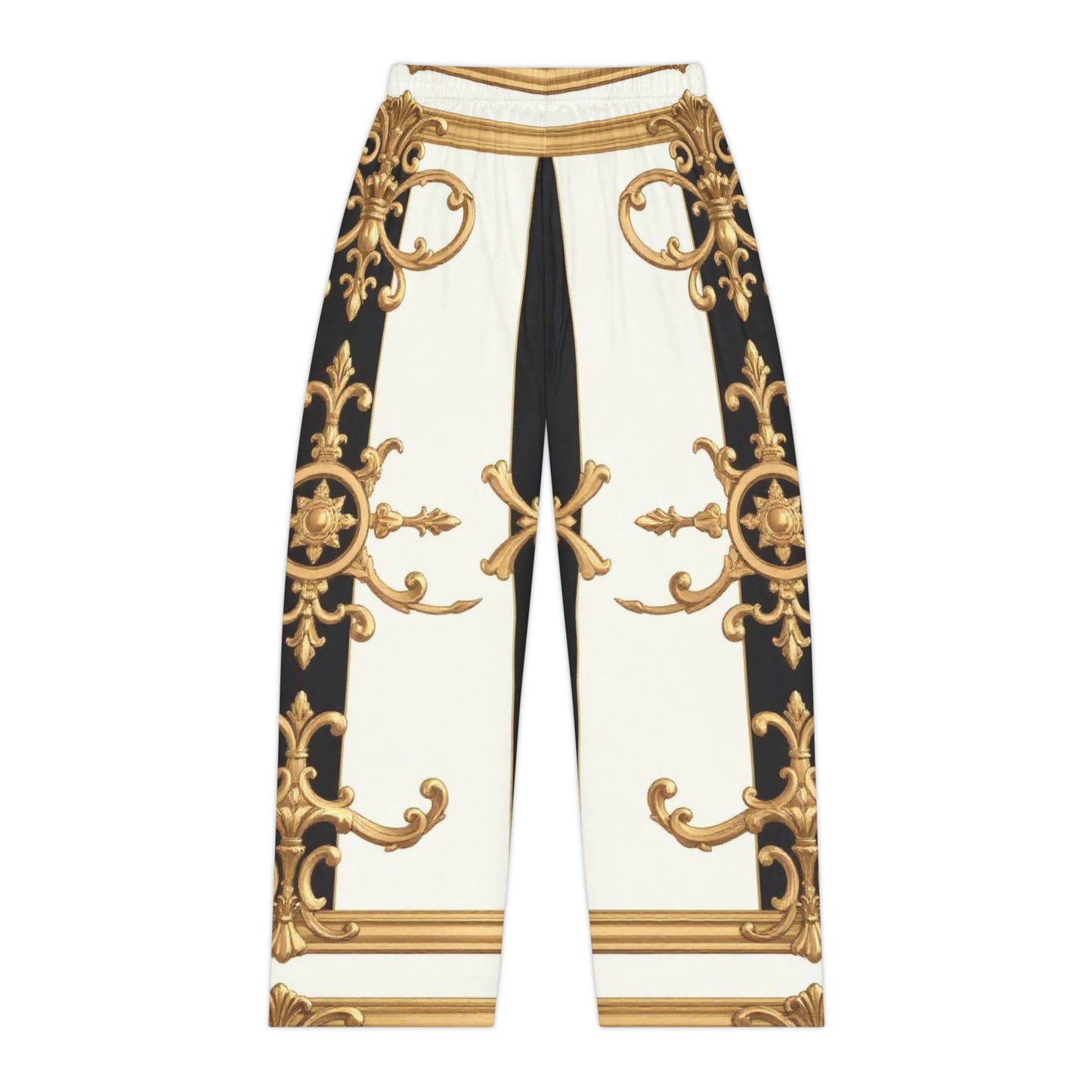Luxurious Gold Accented Women's Pajama Pants, Stylish Loungewear, Sleepwear, Relaxation, Gift for Her - Black & White Striped Gold Baroque