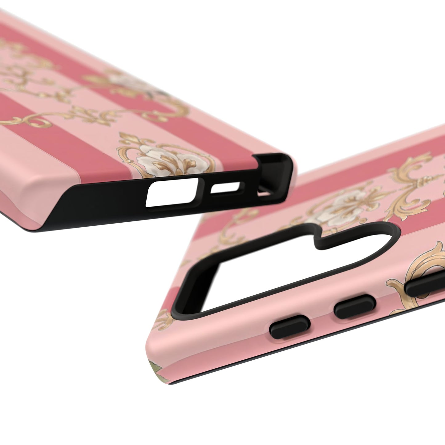 Elegant Floral Motif Phone Case - Tough Cases with Vintage Design - Pink Striped Roses & Damask