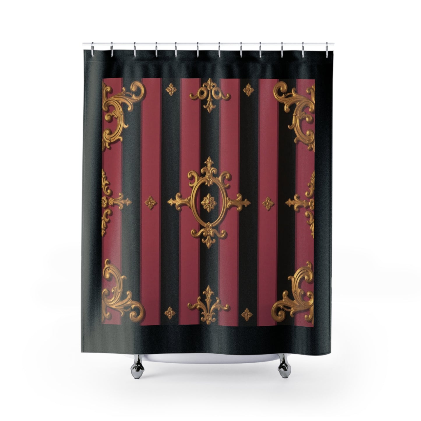 Luxurious Black & Mauve Striped Gold Baroque Shower Curtain, Bathroom Decor, Elegant Home Accents, Gothic Style, Gift for Her