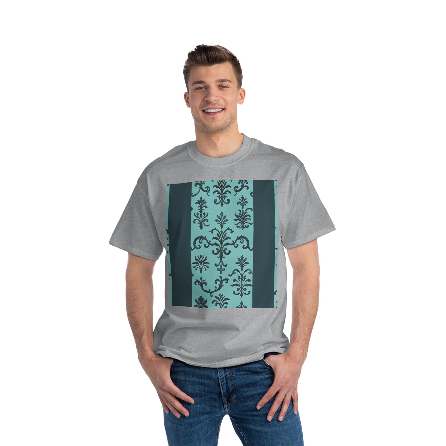 Elegant Floral T-Shirt - Vintage Design, Casual Wear, Gift for Her, Summer Fashion, Stylish Tee - Teal Striped Rococo