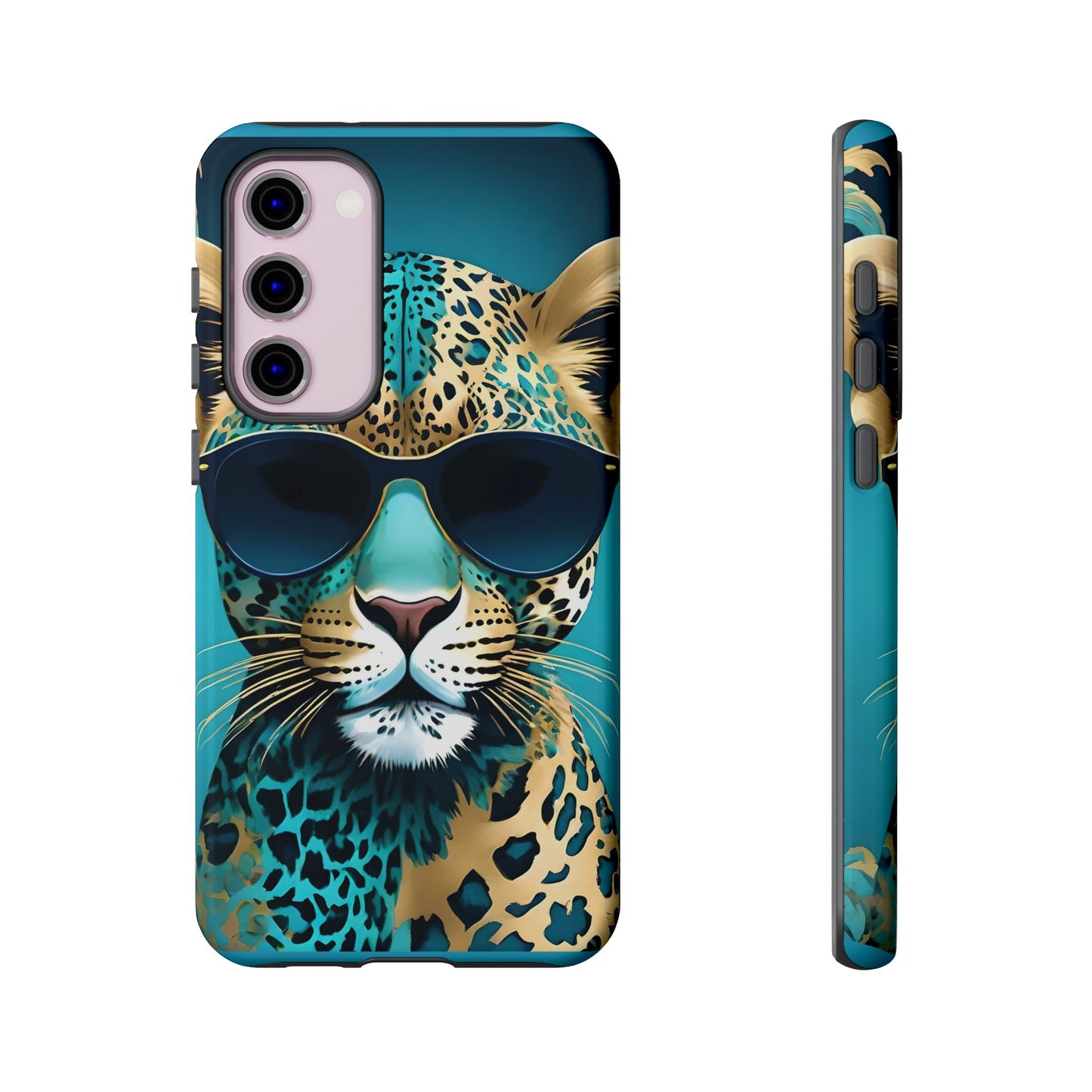 Phone Case - Aqua & Gold Leopard In Sunglasses Design