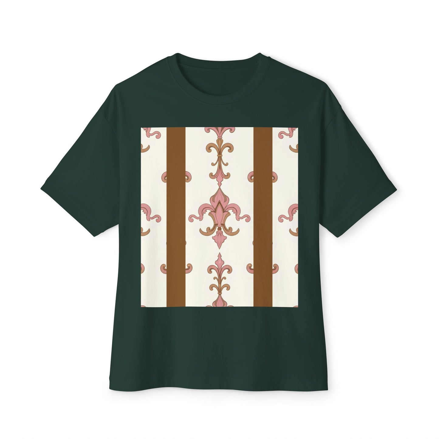 Chic Floral Boxy Tee, Oversized Unisex Tee, Casual Style Shirt, Summer Fashion Top, Gift for Trendsetters - Brown Striped Pink Arabesque