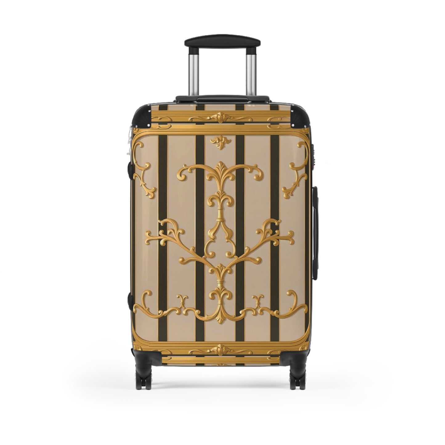 Elegant Travel Suitcase with Vintage Design, Stylish Luggage for Adventurers, Holiday Travel Gear - Beige Striped Gold Rococo