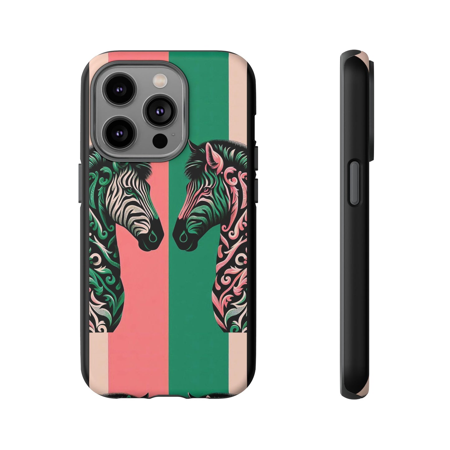Phone Case - Elegant Pink & Green Zebra Damask Design
