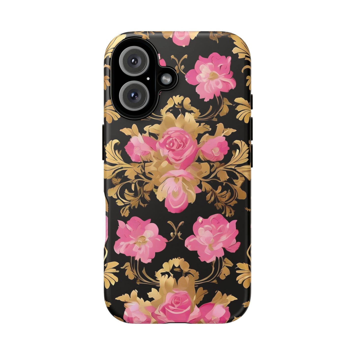Elegant Floral Motif Phone Case - Tough Cases with Vintage Design - Pink & Gold Roses