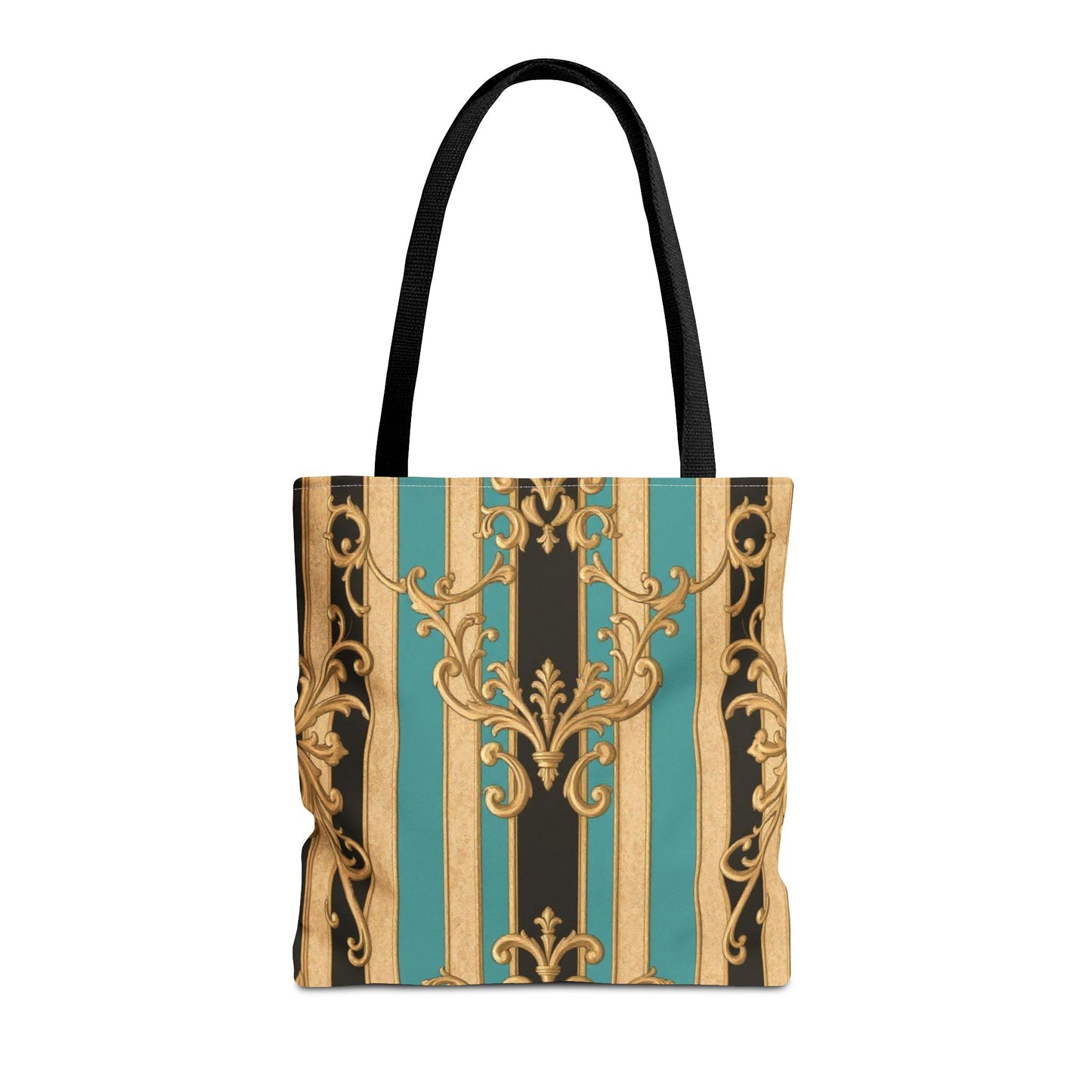 Elegant Black, Tan & Ocean Green Striped Gold Baroque Vintage Pattern Tote Bag, Stylish Carryall, Fashionable Handbag, Perfect Gift for Mother’s Day