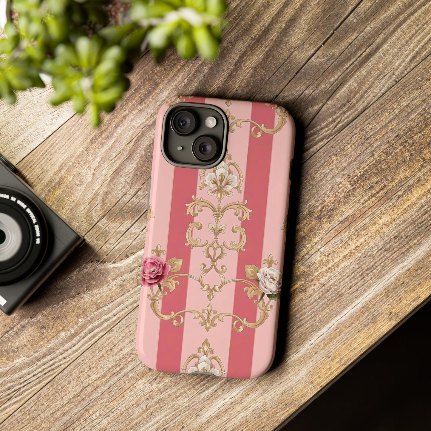 Elegant Floral Motif Phone Case - Tough Cases with Vintage Design - Pink Striped Roses & Damask