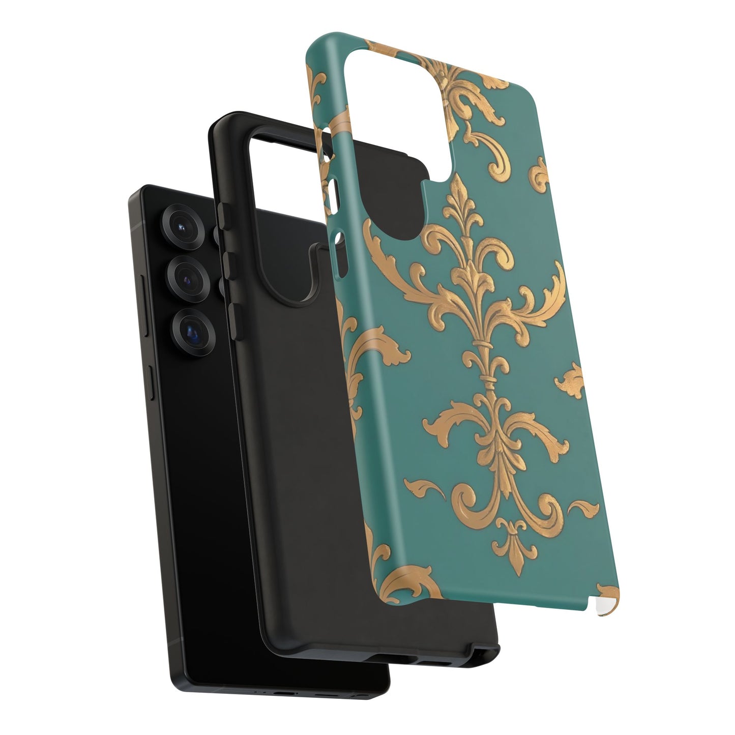 Elegant Floral Motif Phone Case - Tough Cases with Vintage Design - Aqua & Gold Damask