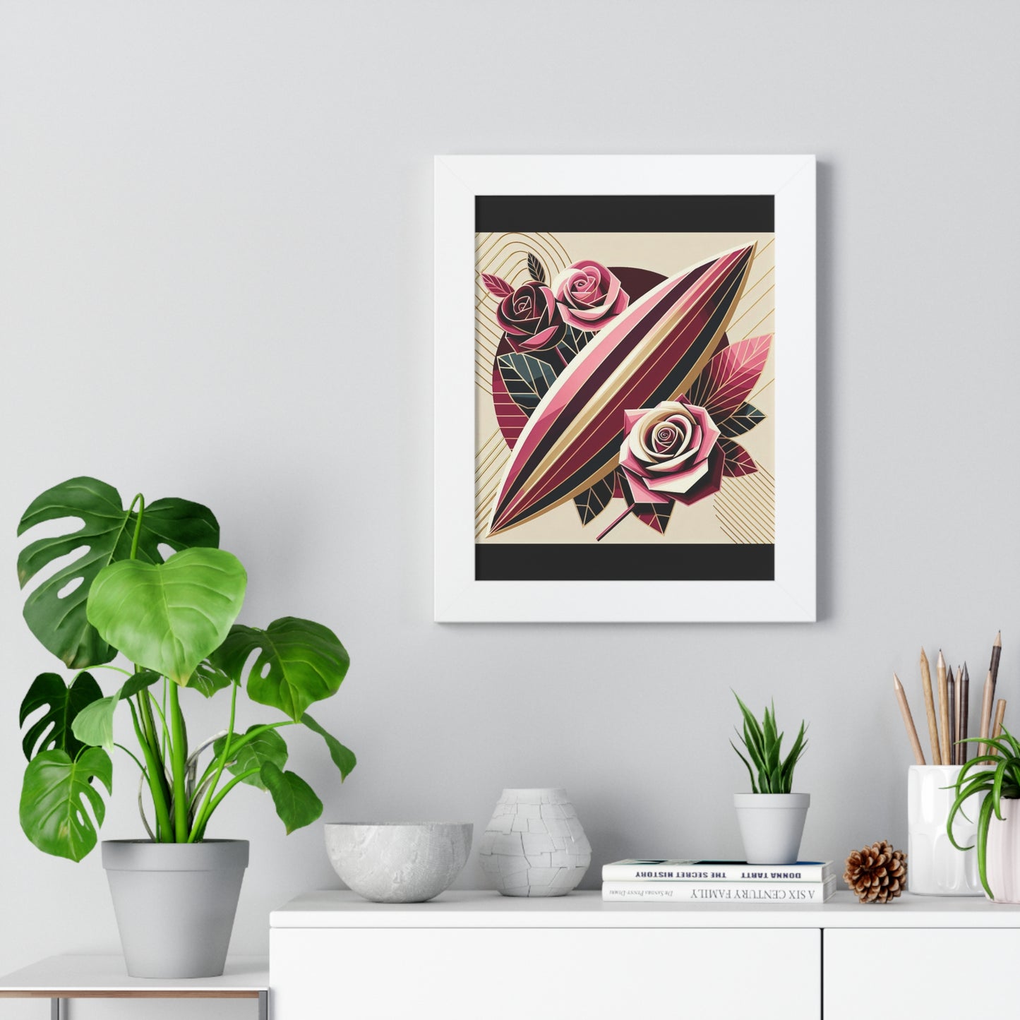 Vertical Poster - Pink & Burgundy Striped Surfboard & Roses Wall Art