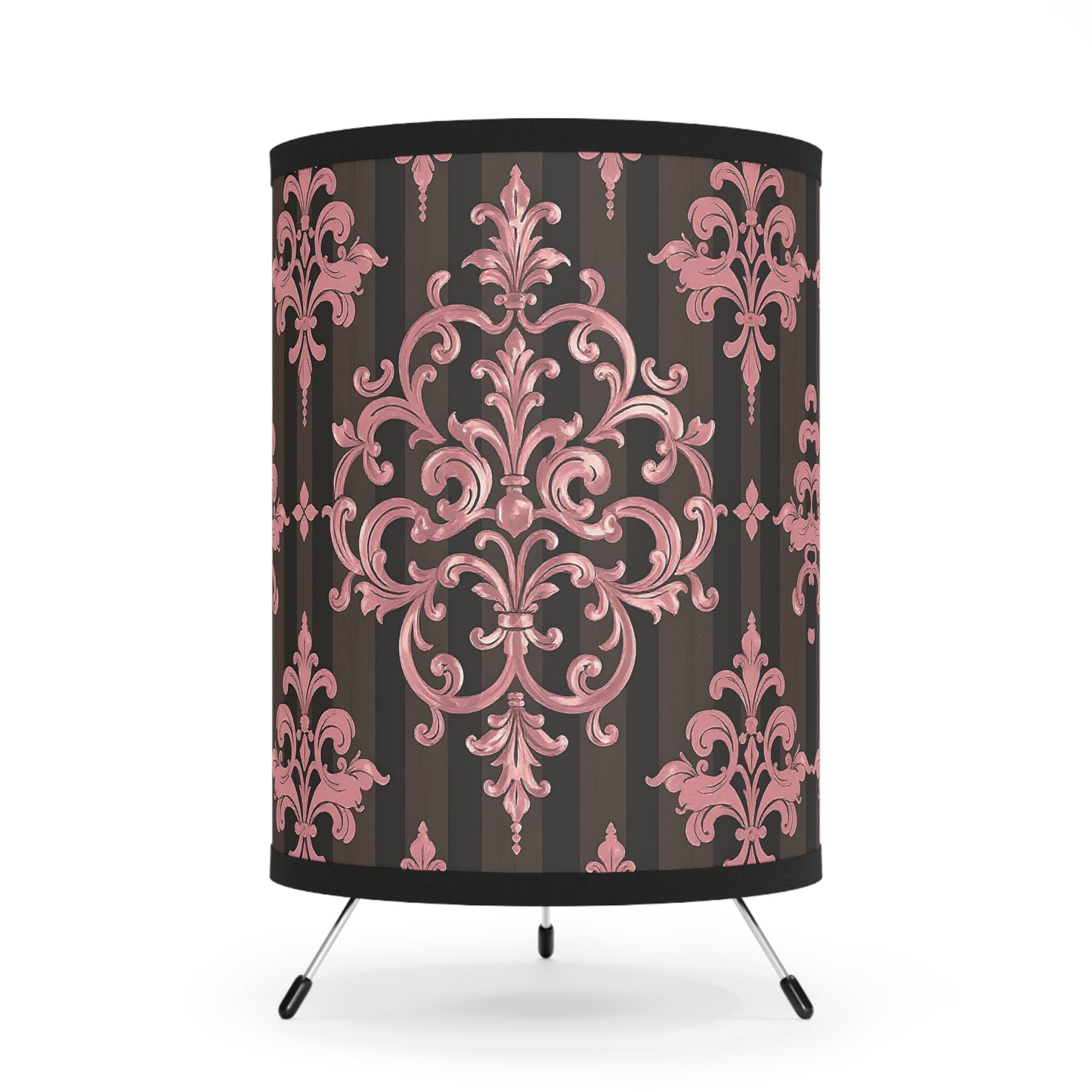 Elegant Tripod Lamp with Vintage Floral Print Shade - High-Res Home Accent - Brown Striped Mauve Damask