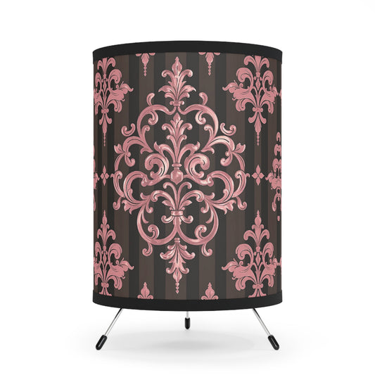 Elegant Tripod Lamp with Vintage Floral Print Shade - High-Res Home Accent - Brown Striped Mauve Damask