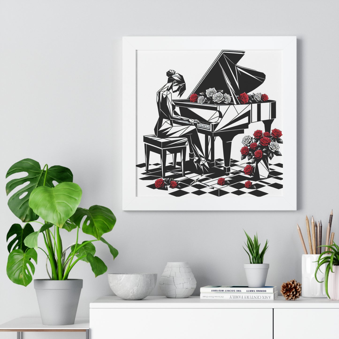 Vertical Poster - Black & White Grand Piano & Red Roses Wall Art