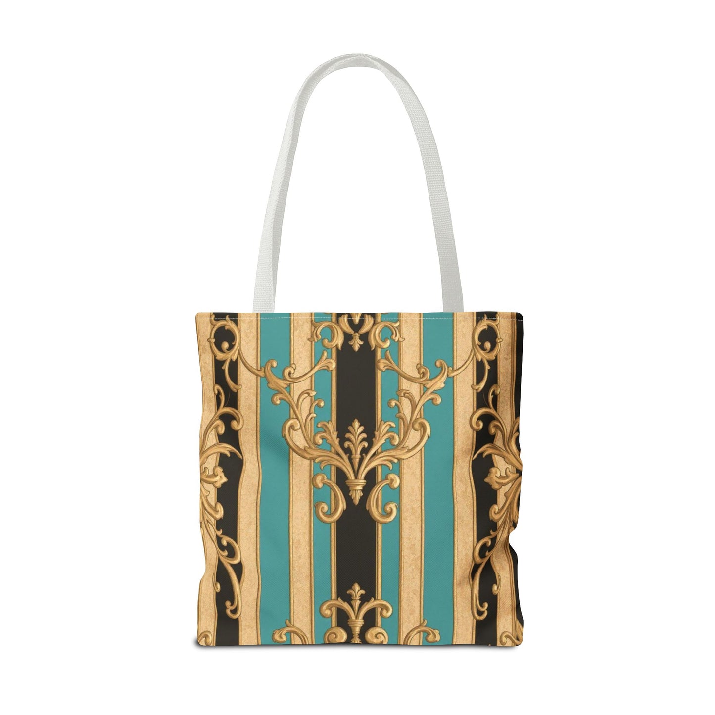 Elegant Black, Tan & Ocean Green Striped Gold Baroque Vintage Pattern Tote Bag, Stylish Carryall, Fashionable Handbag, Perfect Gift for Mother’s Day