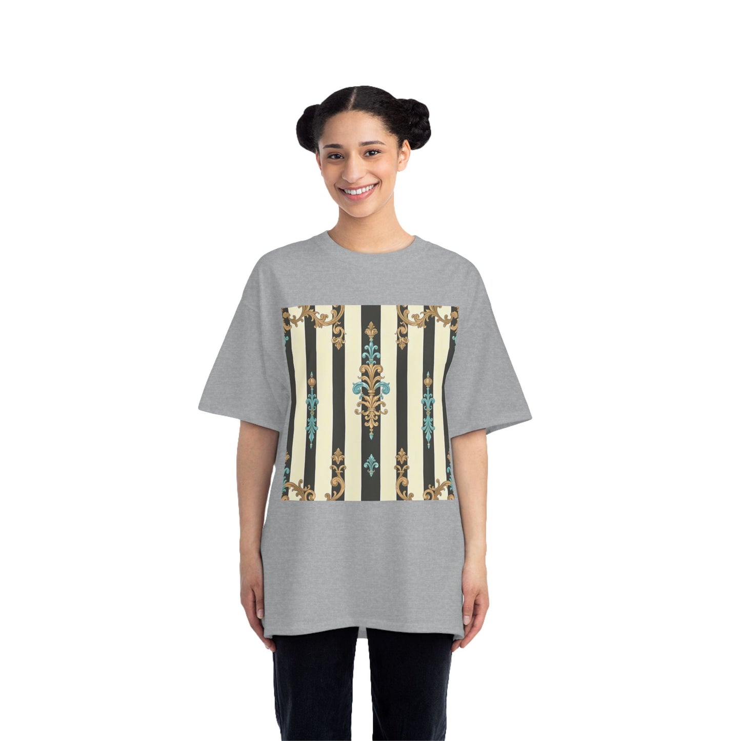 Elegant Floral Pattern Tee, Vintage Style T-Shirt, Gift for Her, Casual Outfit - Black Striped Turquoise & Black Rococo