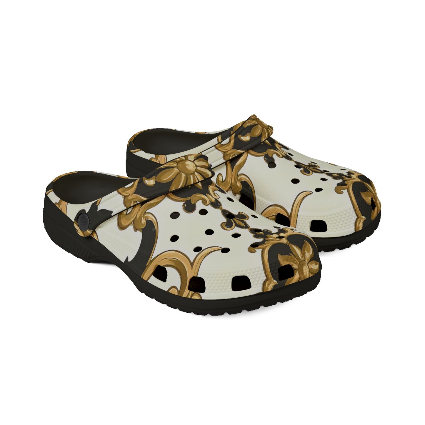Elegant AOP EVA Foam Rubber Shoes - Stylish Comfort for Home & Outdoors, Trendy Clogs for Fashion Lovers - Black & Gold Rococo