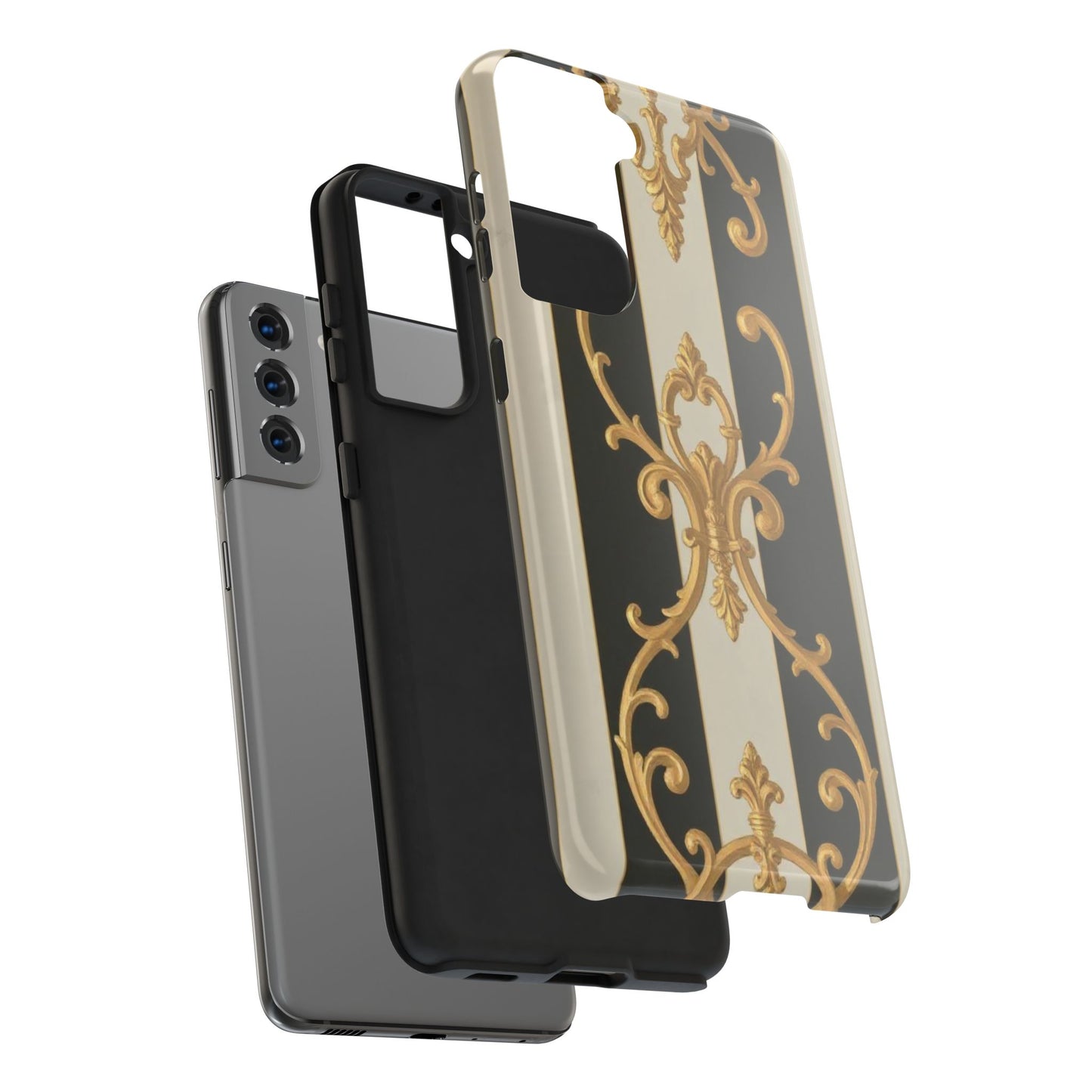 Elegant Black & Alabaster Striped Baroque Tough Phone Cases - Chic Protection, Black Gold Decor, Stylish Accessory, Gift for Her, Trendy Tech