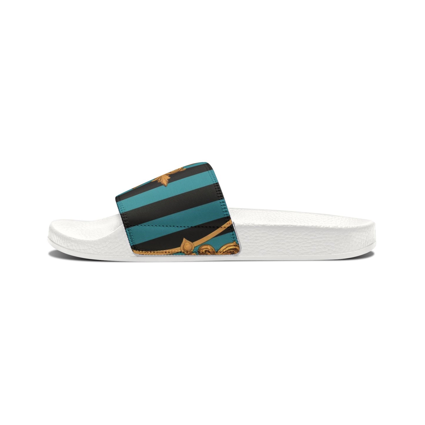 Stylish Turquoise & Black Striped Gold Baroque Removable-Strap Sandals with Elegant Design, Fashion Footwear for Summer, Beach, Vacation