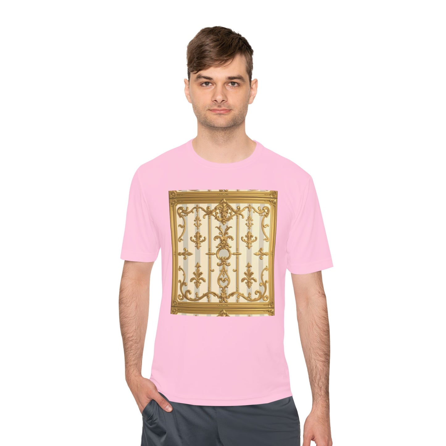 Elegant Gold Unisex Moisture Wicking Tee, Fashion Tee, Workout Shirt, Summer Style - Matte Gray & Cream Striped Gold Baroque