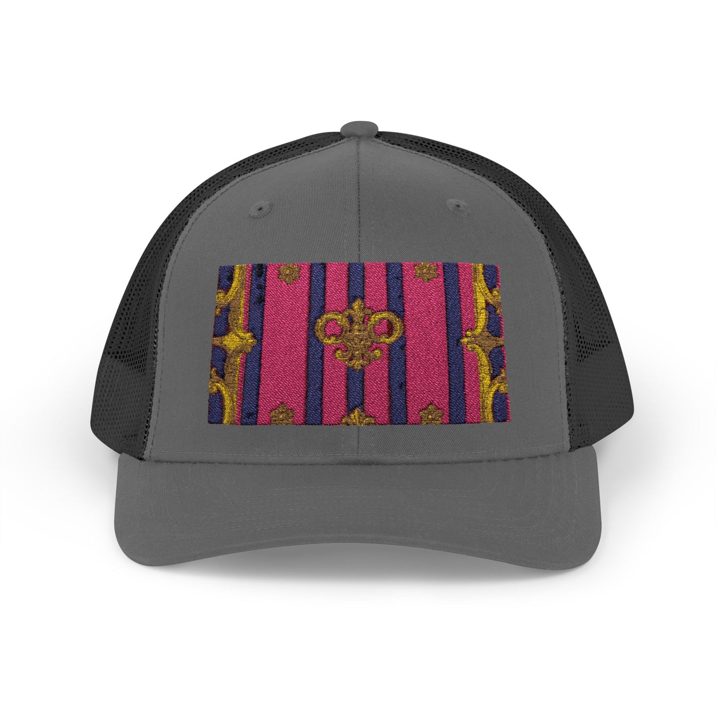 Vibrant Snapback Trucker Cap, Stylish Outdoor Hat, Trendy Fashion Accessory, Gift for Him or Her - Pink Striped Gold Baroque