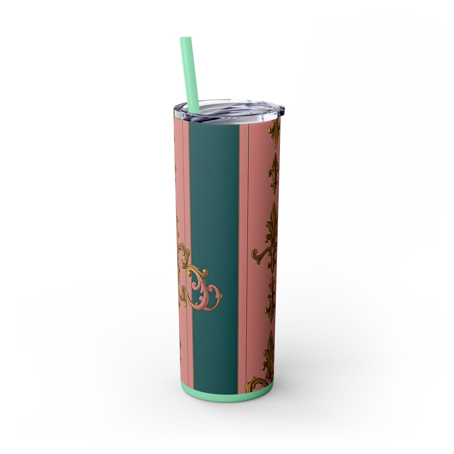 Elegant Pink and Green Skinny Tumbler with Straw, 20oz - Ideal for Gifts, Travel, Home, Events - Pink & Teal Striped Gold Baroque