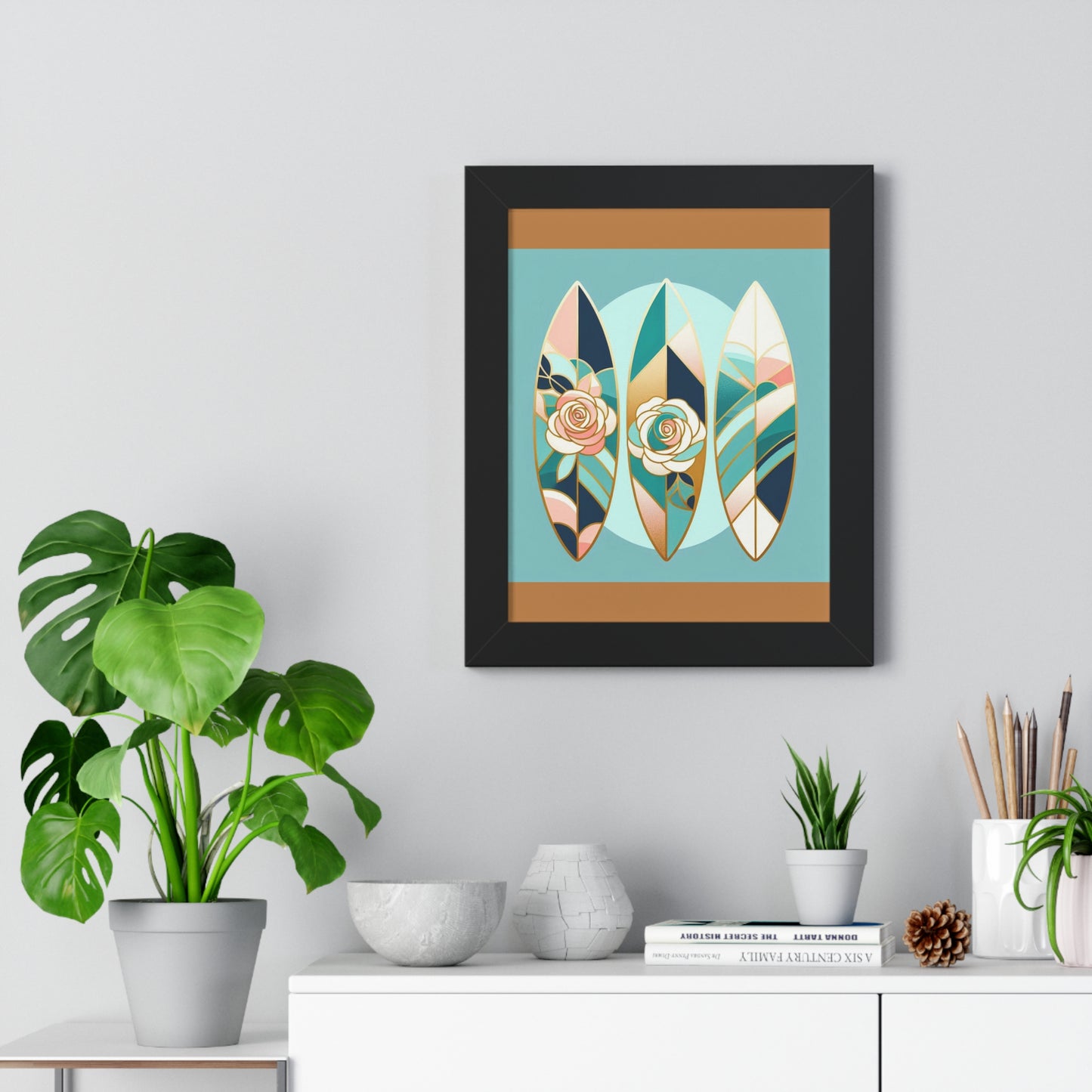 Vertical Poster - Blue, Pink & Aqua Surfboard & Roses Wall Art