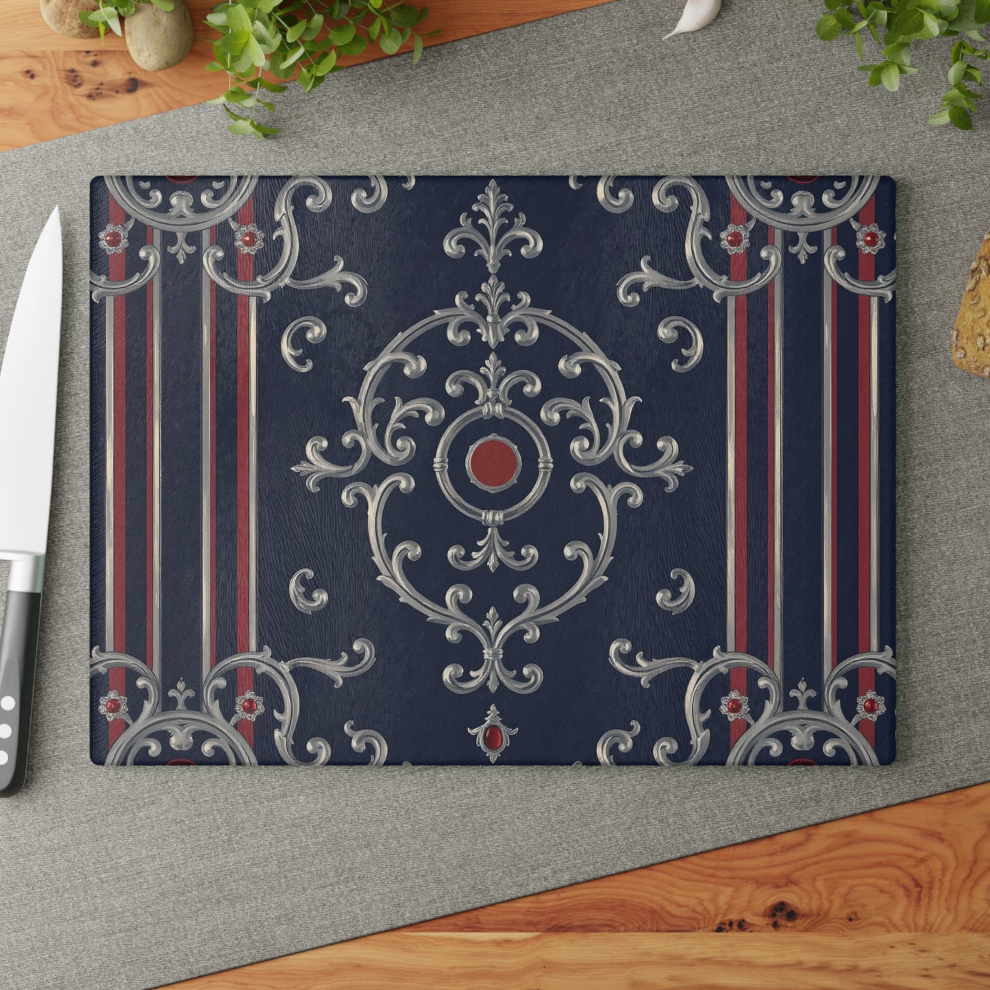 Elegant Glass Cutting Board, Decorative Kitchen Art, Housewarming Gift, Unique Kitchen Decor, Serving Tray - Blue & Red Striped Silver Baroque