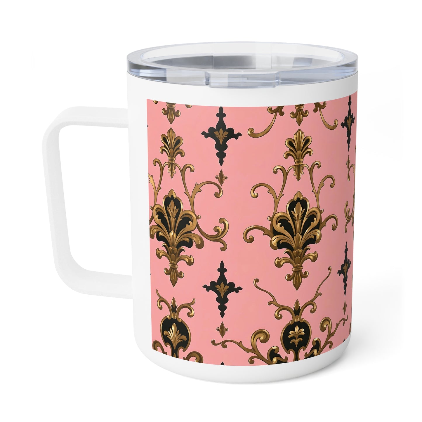 Elegant Pink Floral Insulated Coffee Mug – Perfect for Coffee Lovers, Gift for Her, Travel Mug, Wedding Favor, Home Decor - Pink, Black & Gold Rococo