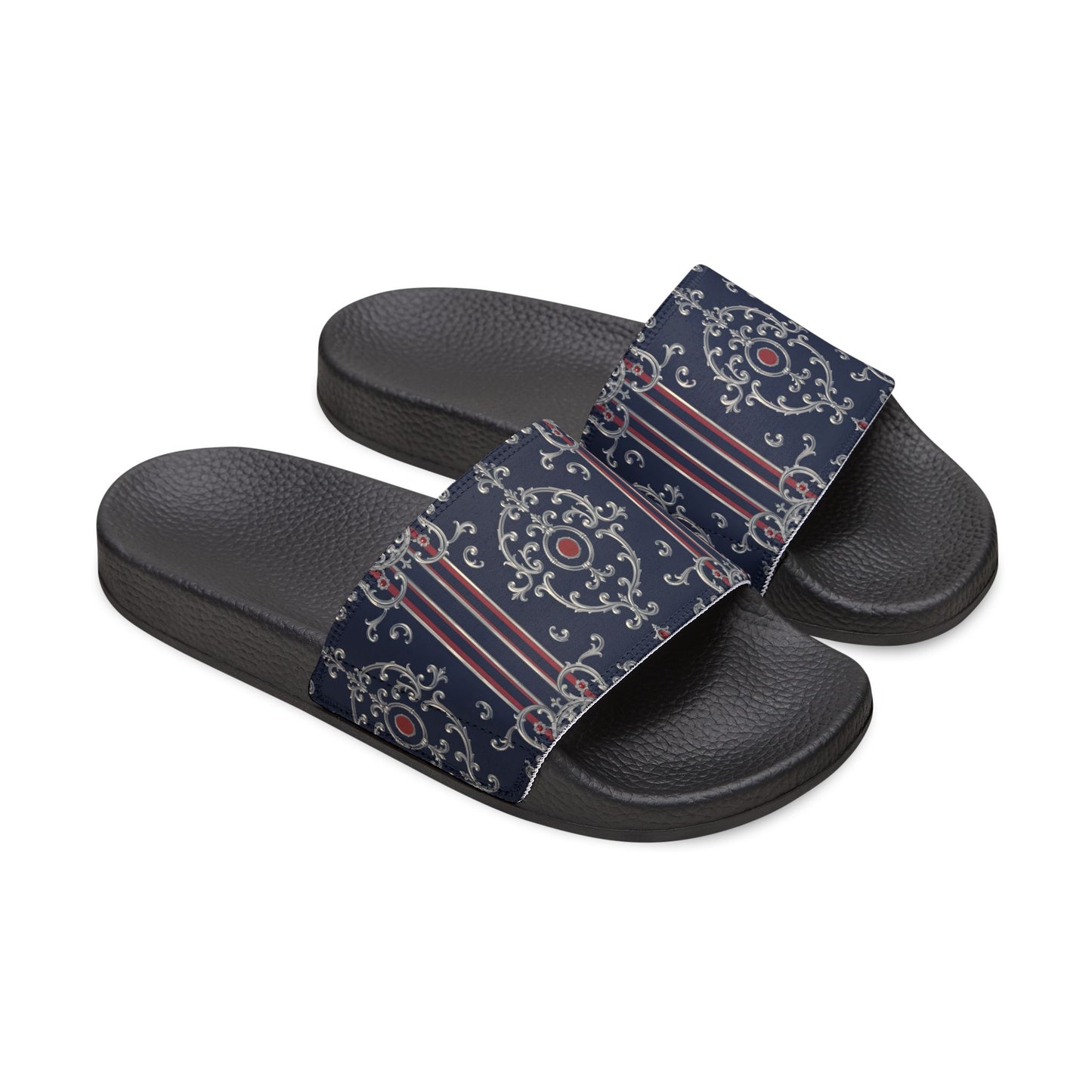 Stylish Women's Removable-Strap Sandals, Summer Footwear, Beach Slides, Casual Open-Toe Shoes - Blue & Red Striped Silver Baroque