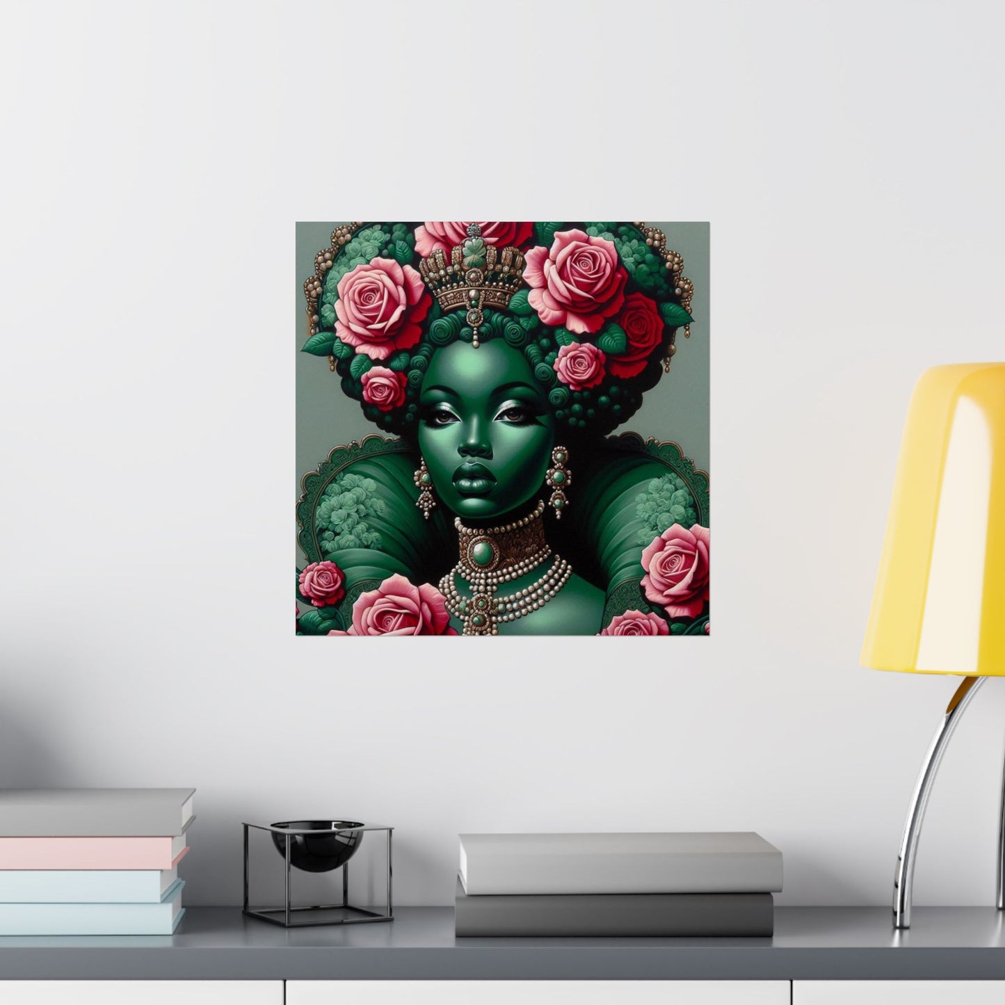 Floral Afro Art Poster - Elegant Matte Vertical Wall Decor - Green Lady With Roses