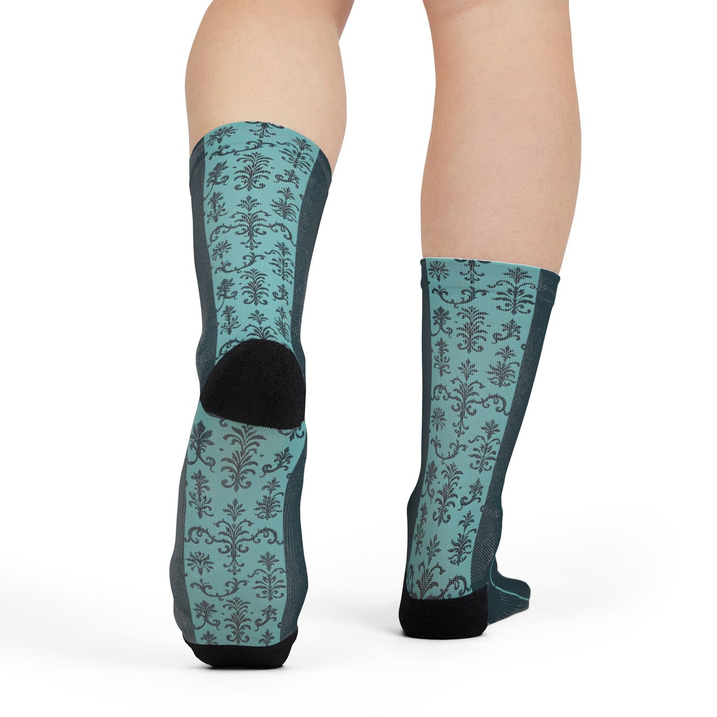 Stylish Sublimation Crew Socks - Trendy, Unique Gift, Personalized Fashion, Cozy Homewear, Sock Lovers, Perfect for Holidays - Teal Striped Rococo
