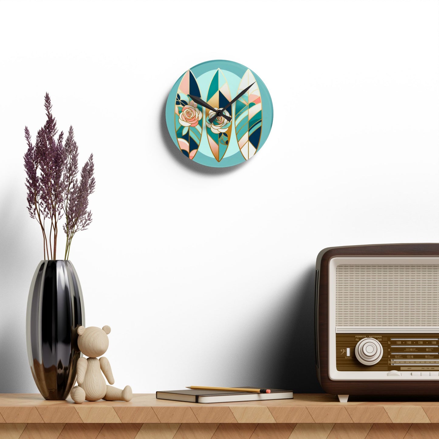 Bohemian Surf-Inspired Acrylic Wall Clock with Floral Design - Blue, Pink & Aqua Surfboard & Roses Design