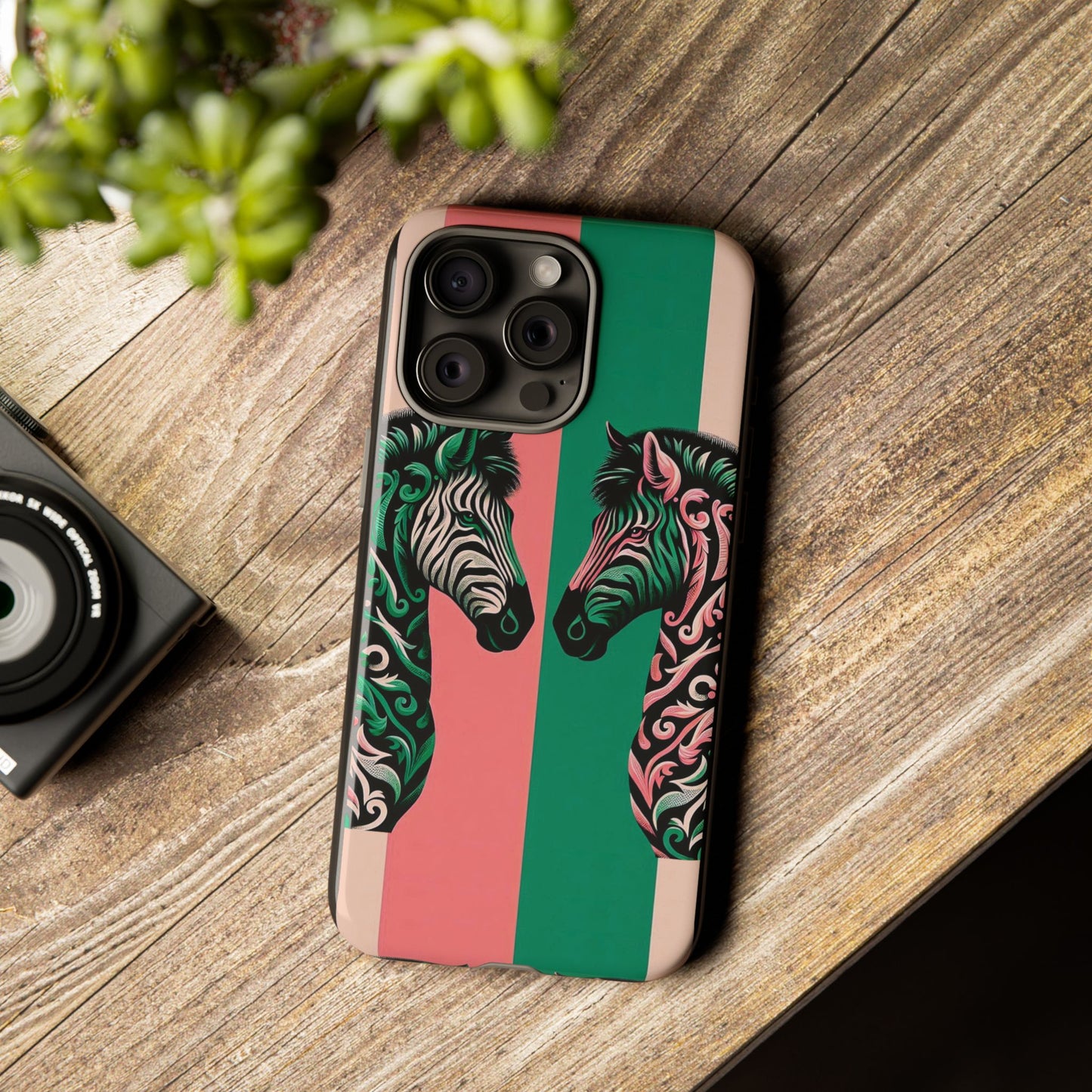 Phone Case - Elegant Pink & Green Zebra Damask Design