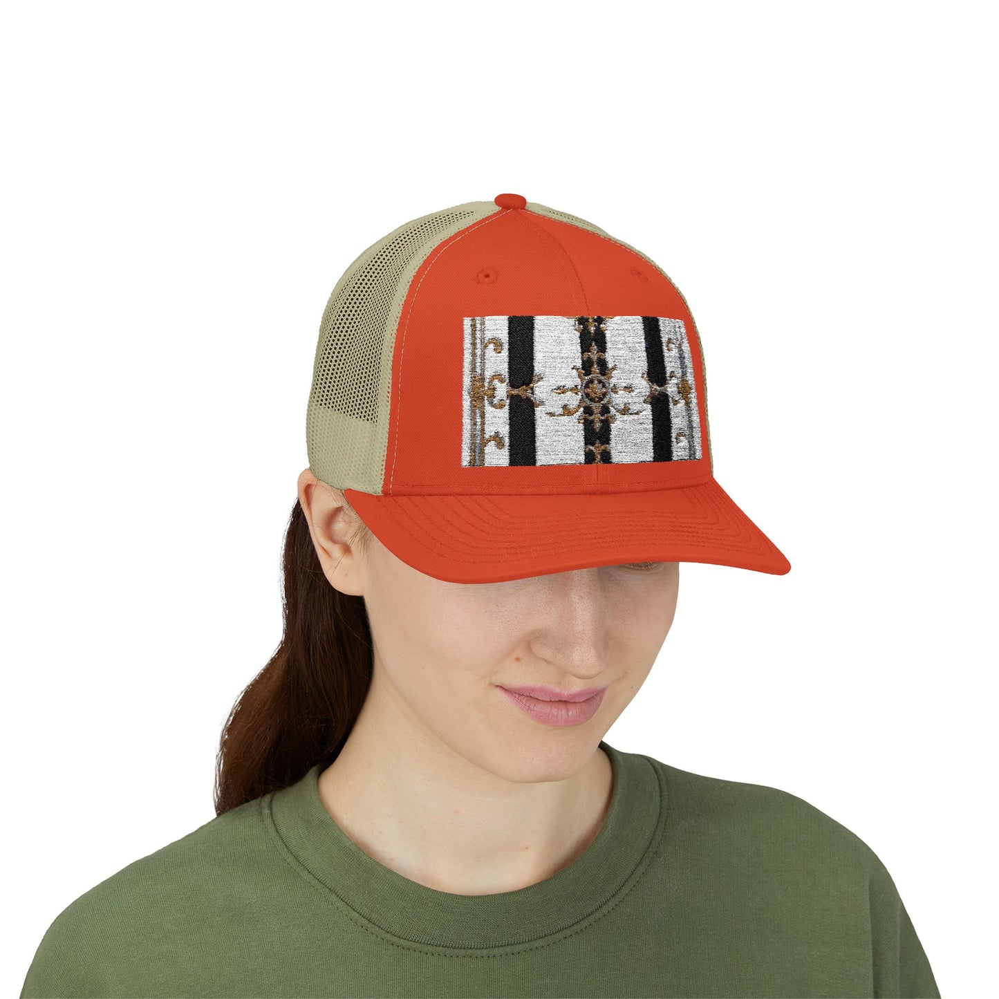 Trendy Snapback Trucker Cap, Casual Fashion Hat, Summer Accessory, Gift Idea for Cool Teens, Outdoor Activities - Black & White Striped Gold Baroque