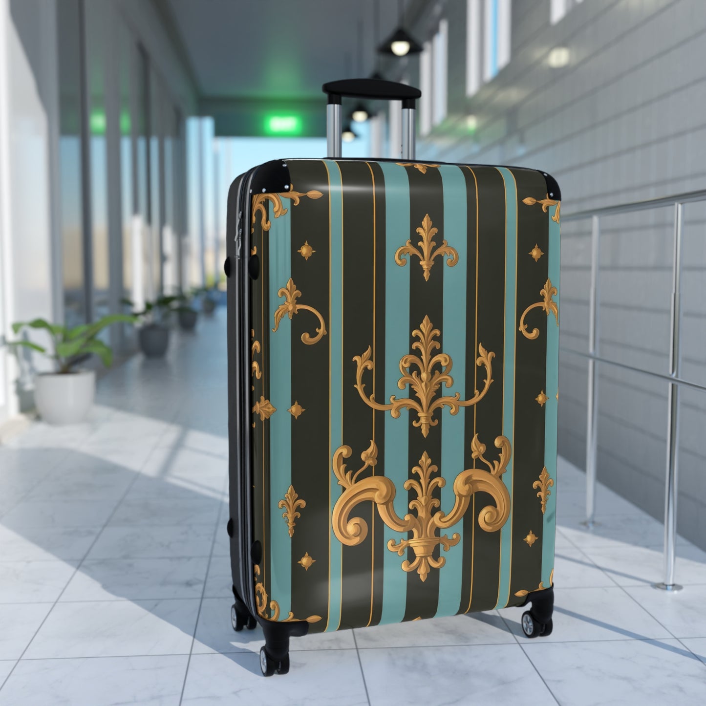 Elegant Vintage Striped Suitcase, Travel Luggage, Stylish Travel Gear, Unique Gift for Travelers, Sturdy Cabin Bag - Black & Turquoise Striped Baroque