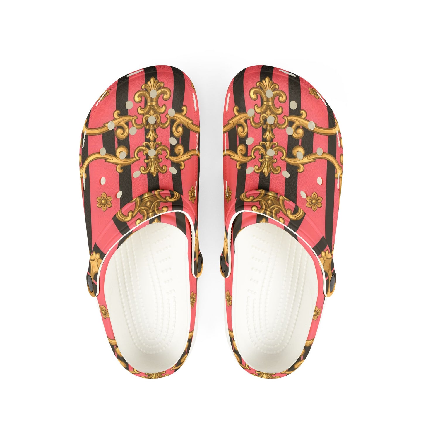 Elegant Designer EVA Foam Shoes - Trendy Comfort for Summer Outings, Fashionable Footwear for Garden - Pink & Black Striped Gold Baroque