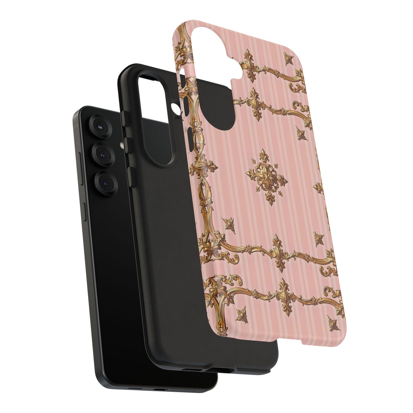 Elegant Floral Phone Case, Tough Cases for Women, Trendy Phone Cover, Chic Gift - Pink Striped Gold Baroque