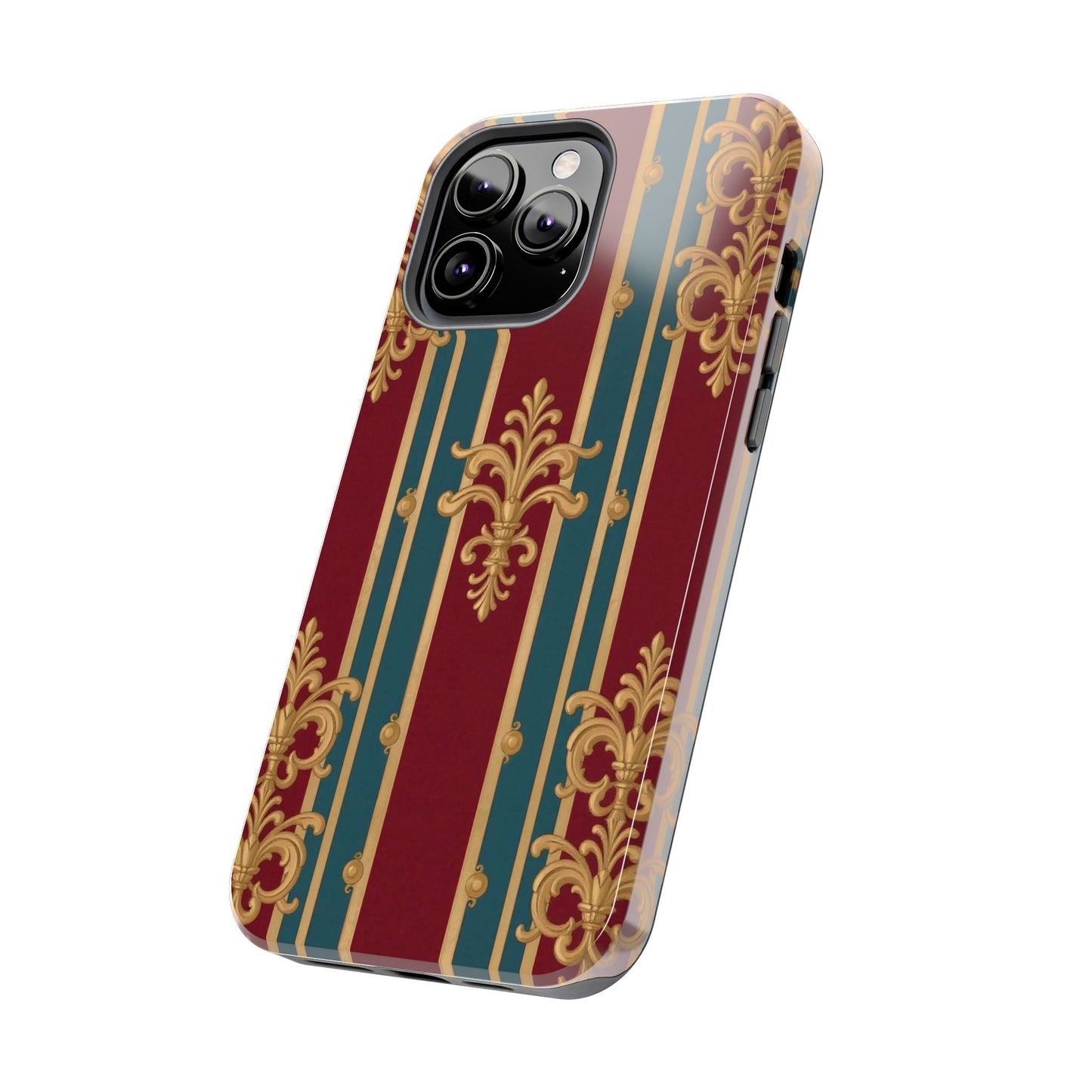 Elegant Vintage Tough Phone Case, Luxury Phone Protection, Stylish Phone Cover, Durable Phone Accessory - Burgundy Striped Gold Baroque